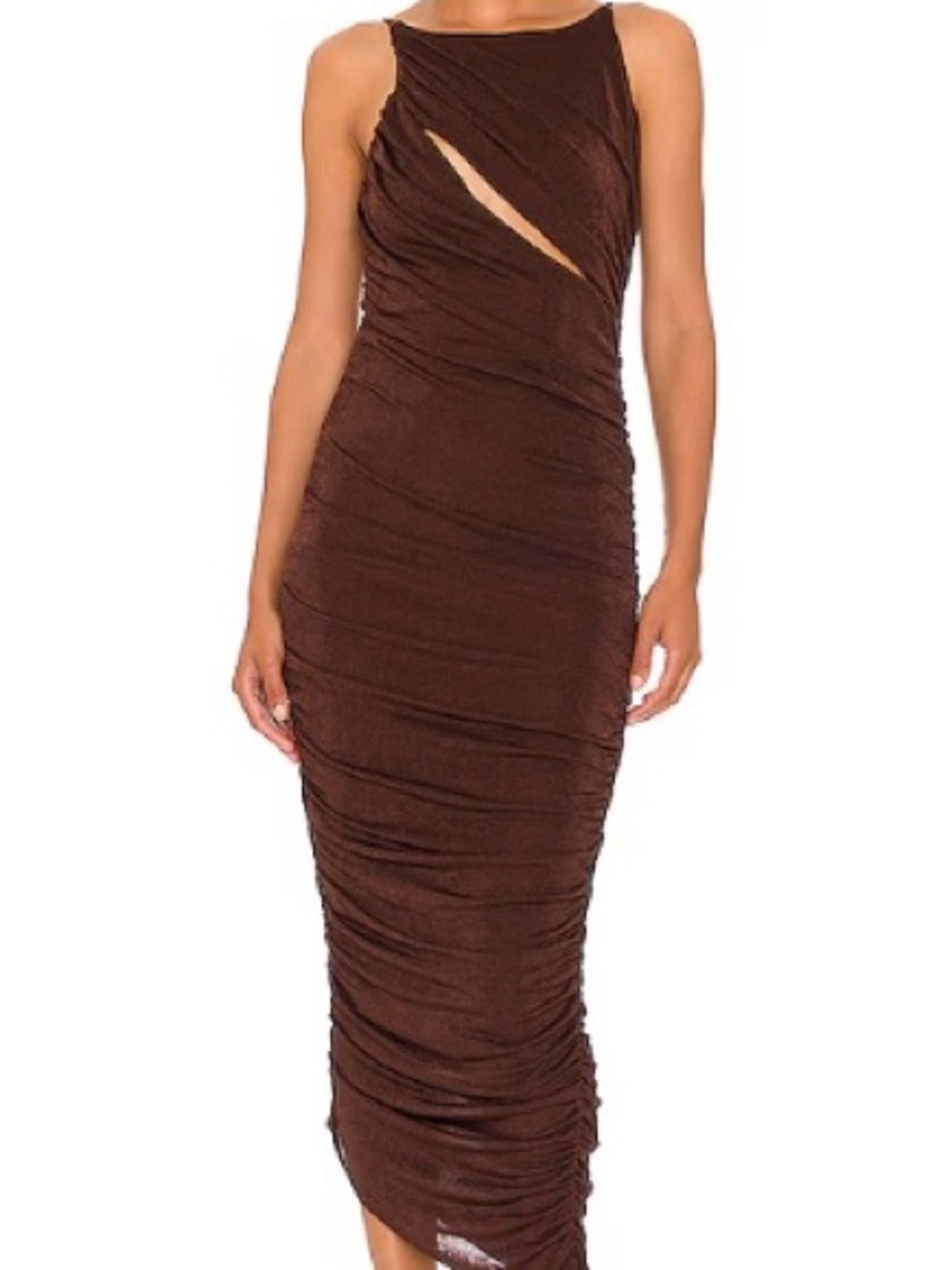 NBD Brown Ruched Midi Dress with Diagonal Cutout